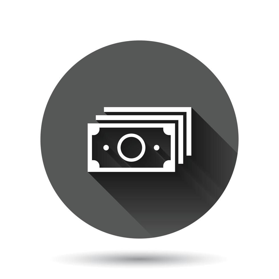 Money stack icon in flat style. Exchange cash vector illustration on black round background with long shadow effect. Banknote bill circle button business concept.