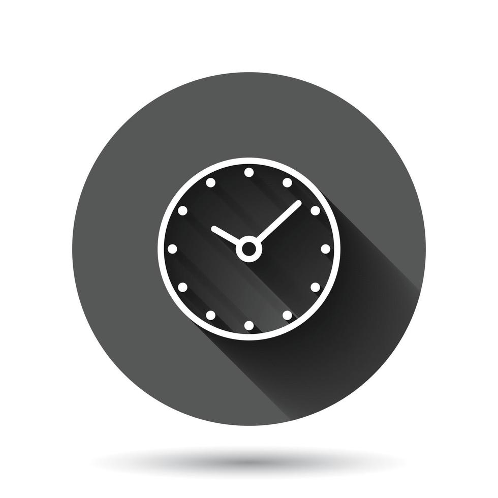 Clock icon in flat style. Watch vector illustration on black round background with long shadow effect. Timer circle button business concept.