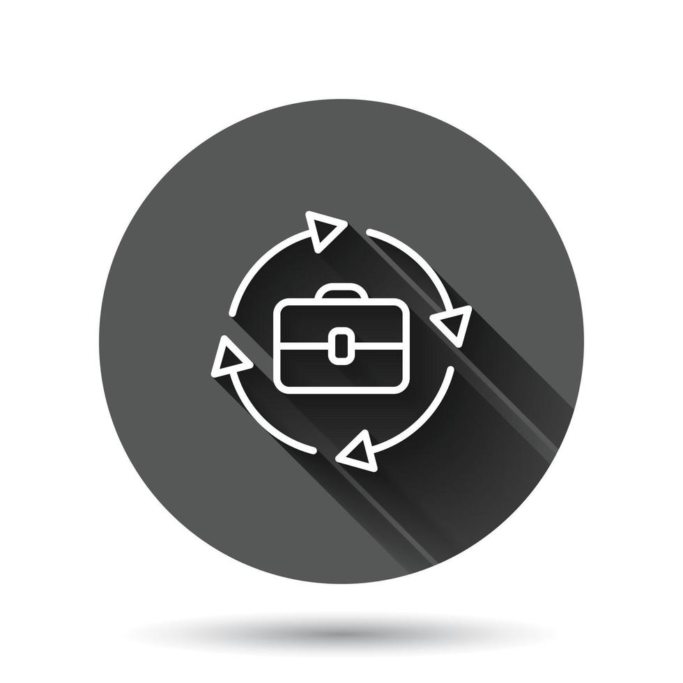 Briefcase with arrow icon in flat style. Businessman bag vector illustration on black round background with long shadow effect. Portfolio circle button business concept.