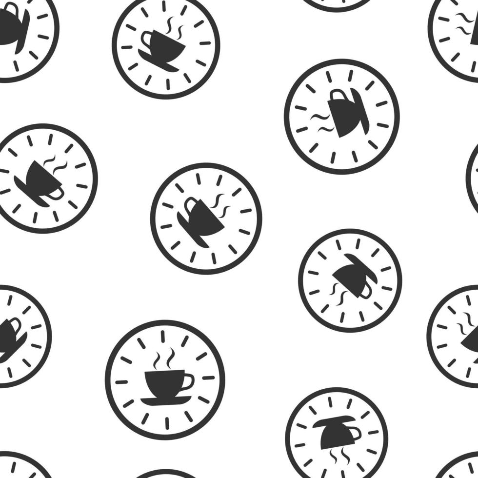 icono de pausa para el café en estilo plano. reloj con ilustración de vector de taza de té sobre fondo blanco aislado. concepto de negocio de patrones sin fisuras de la hora del desayuno.