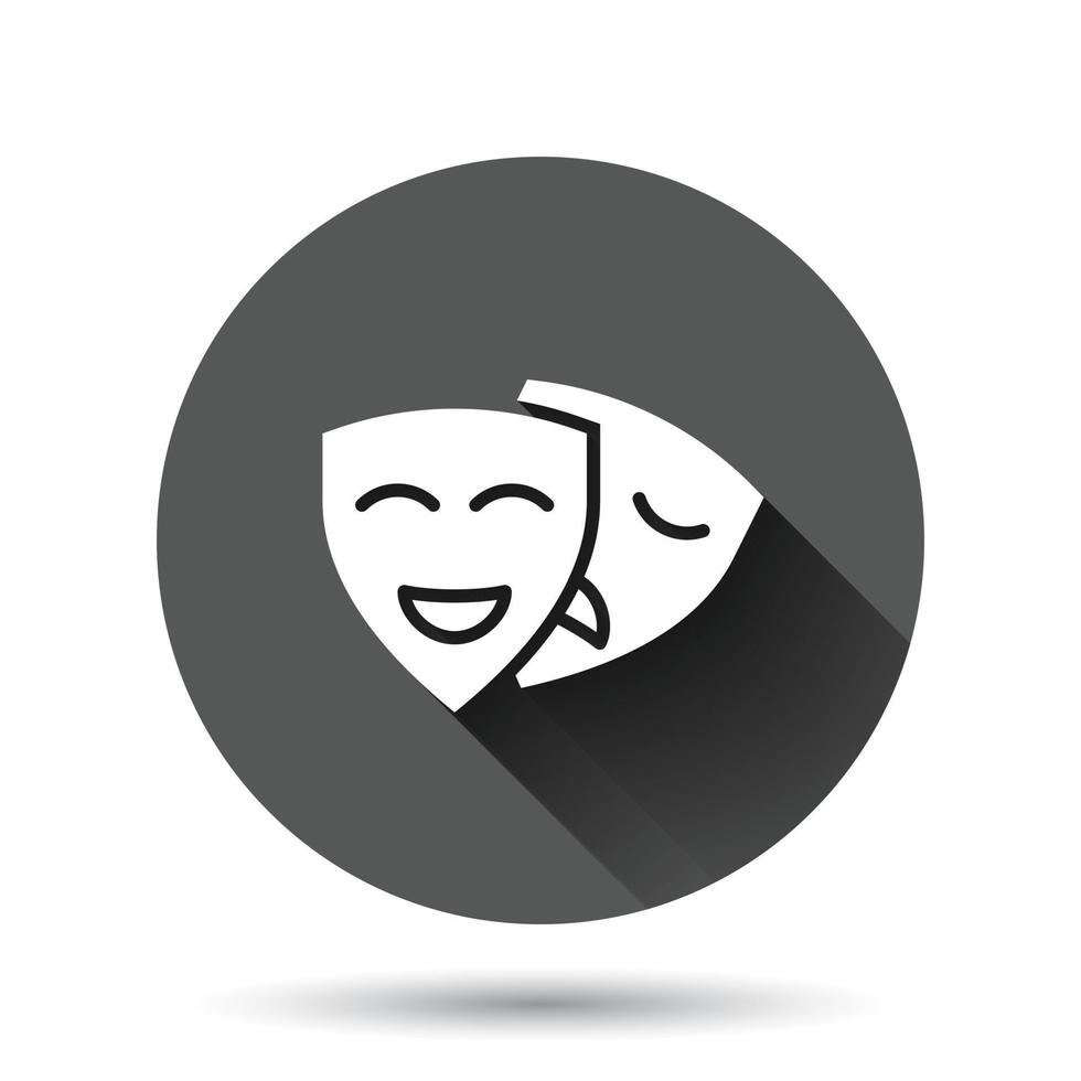 icono de máscara de teatro en estilo plano. ilustración vectorial de comedia y tragedia sobre fondo redondo negro con efecto de sombra larga. Concepto de negocio de botón de círculo de cara de sonrisa. vector