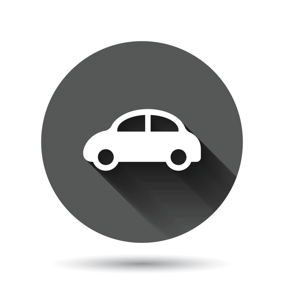 icono de coche en estilo plano. ilustración de vector de vehículo de automóvil sobre fondo redondo negro con efecto de sombra larga. concepto de negocio de botón de círculo de sedán.