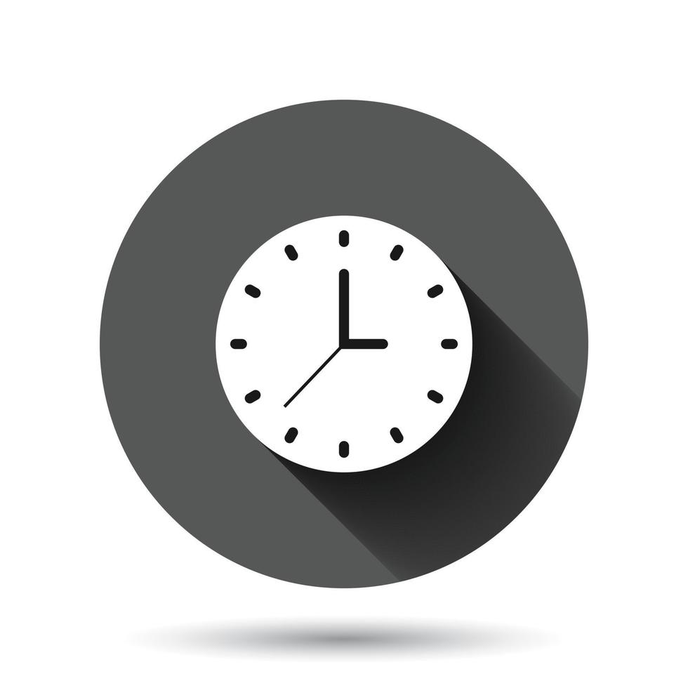 Clock icon in flat style. Watch vector illustration on black round background with long shadow effect. Timer circle button business concept.