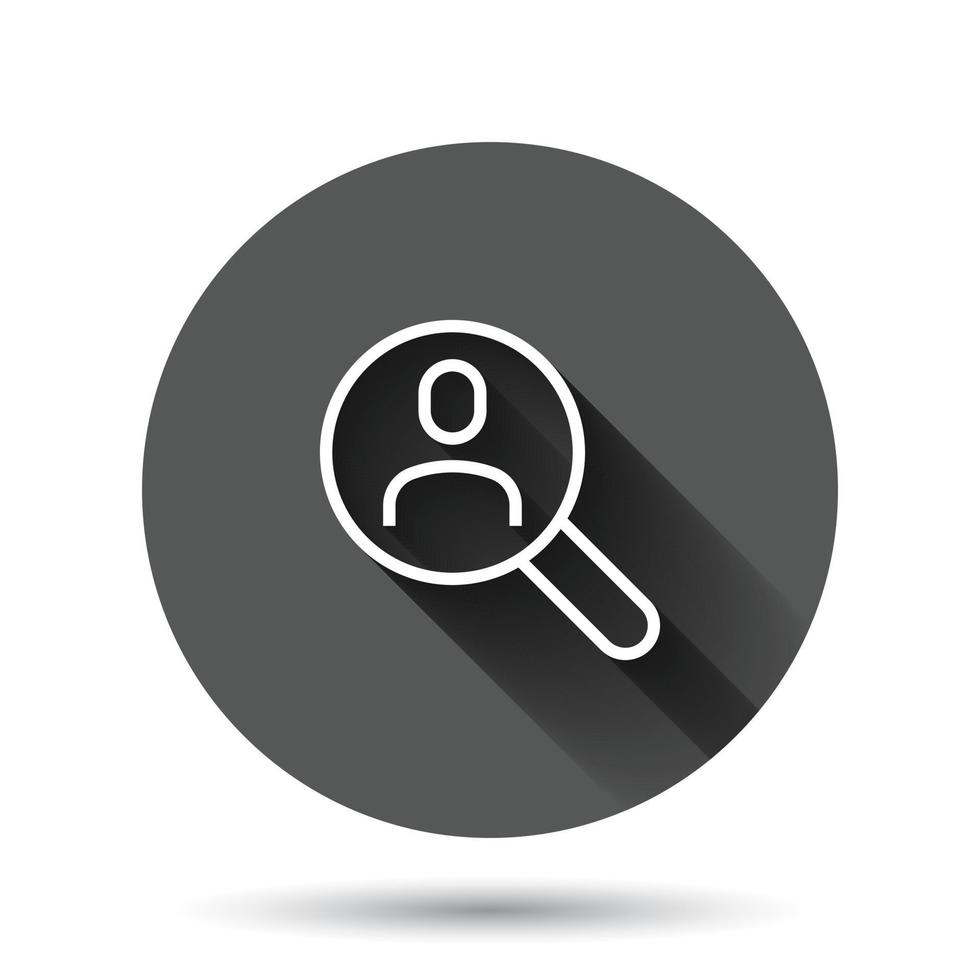 Search job vacancy icon in flat style. Loupe career vector illustration on black round background with long shadow effect. Find people employer circle button business concept.