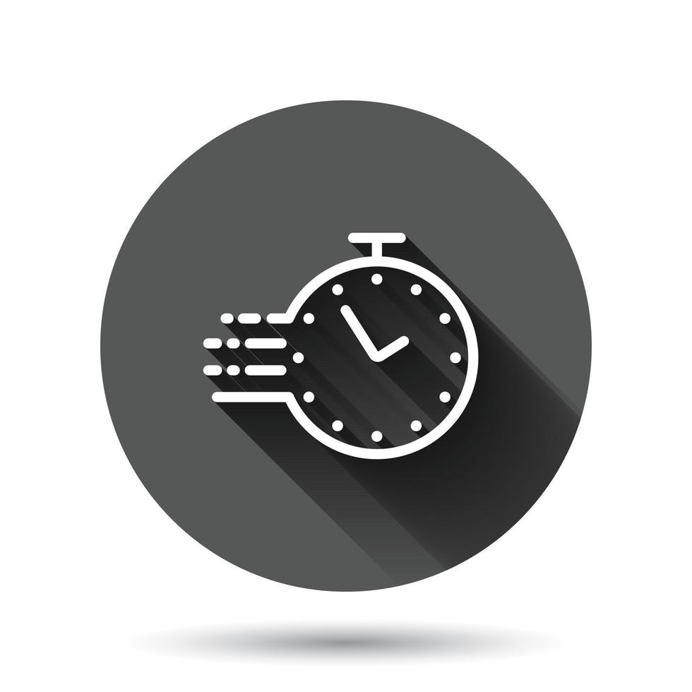 Clock icon in flat style. Watch vector illustration on black round background with long shadow effect. Timer circle button business concept.