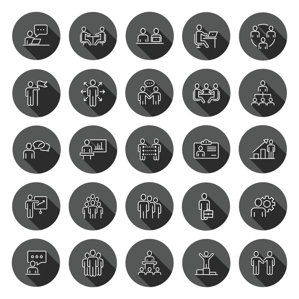 Business communication icon set in flat style. Team structure vector illustration on black round background with long shadow effect. Office teamwork circle button business concept.