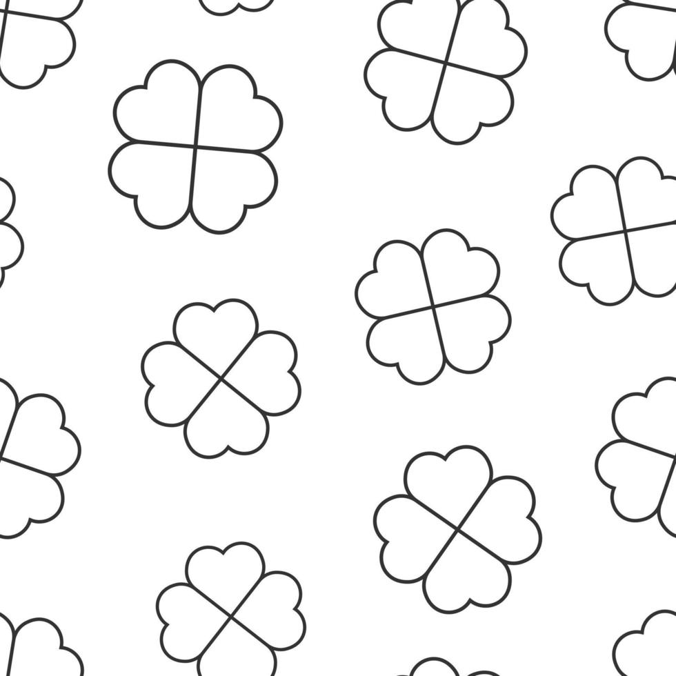 Four leaf clover icon in flat style. St Patricks Day vector illustration on white isolated background. Flower shape seamless pattern business concept.