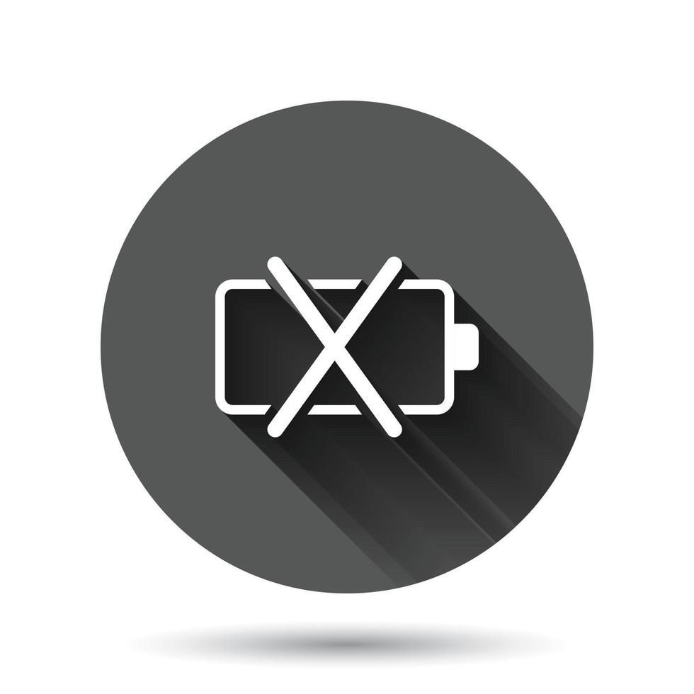 Battery charge icon in flat style. Power level vector illustration on black round background with long shadow effect. Lithium accumulator circle button business concept.