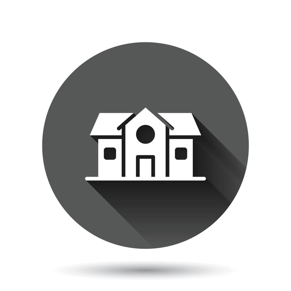 Building icon in flat style. Home vector illustration on black round background with long shadow effect. House circle button business concept.