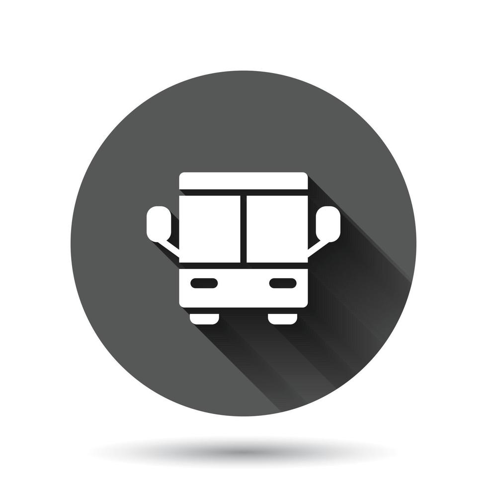 Bus icon in flat style. Coach vector illustration on black round background with long shadow effect. Autobus vehicle circle button business concept.