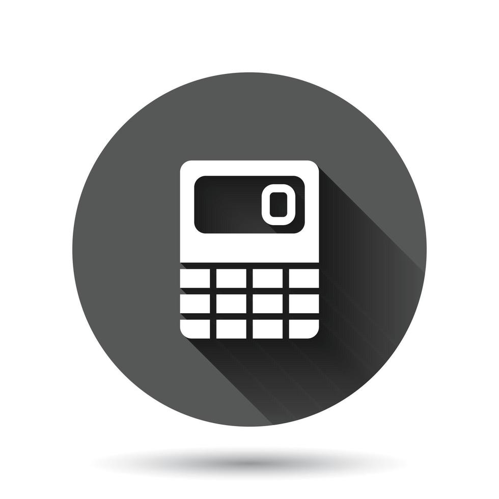 icono de calculadora en estilo plano. calcular la ilustración vectorial sobre fondo redondo negro con efecto de sombra larga. concepto de negocio de botón de círculo de cálculo. vector