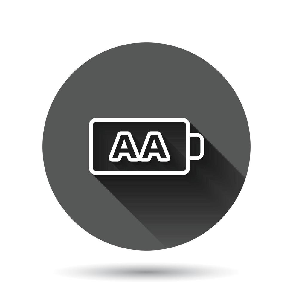 AA battery icon in flat style. Power level vector illustration on black round background with long shadow effect. Lithium accumulator circle button business concept.