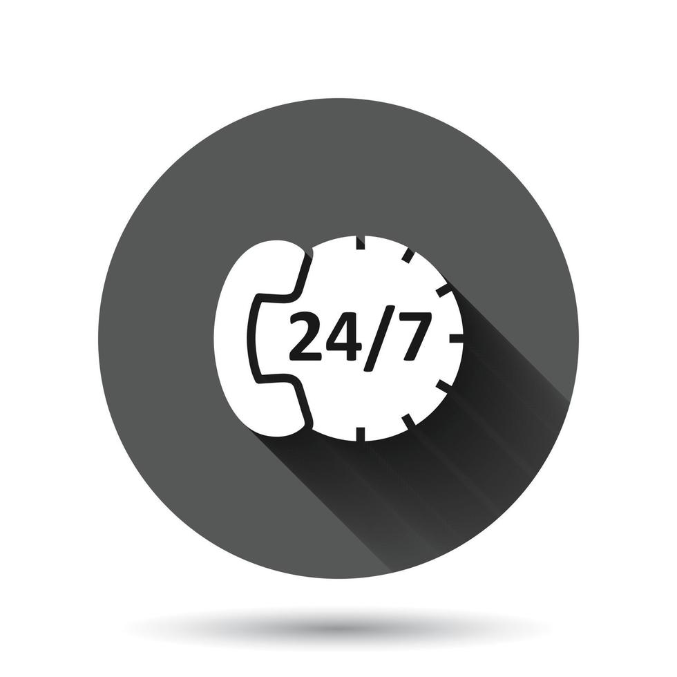 servicio telefónico 24 7 icono de estilo plano. ilustración de vector de conversación telefónica sobre fondo redondo negro con efecto de sombra larga. concepto de negocio de botón de círculo de contacto de línea directa.