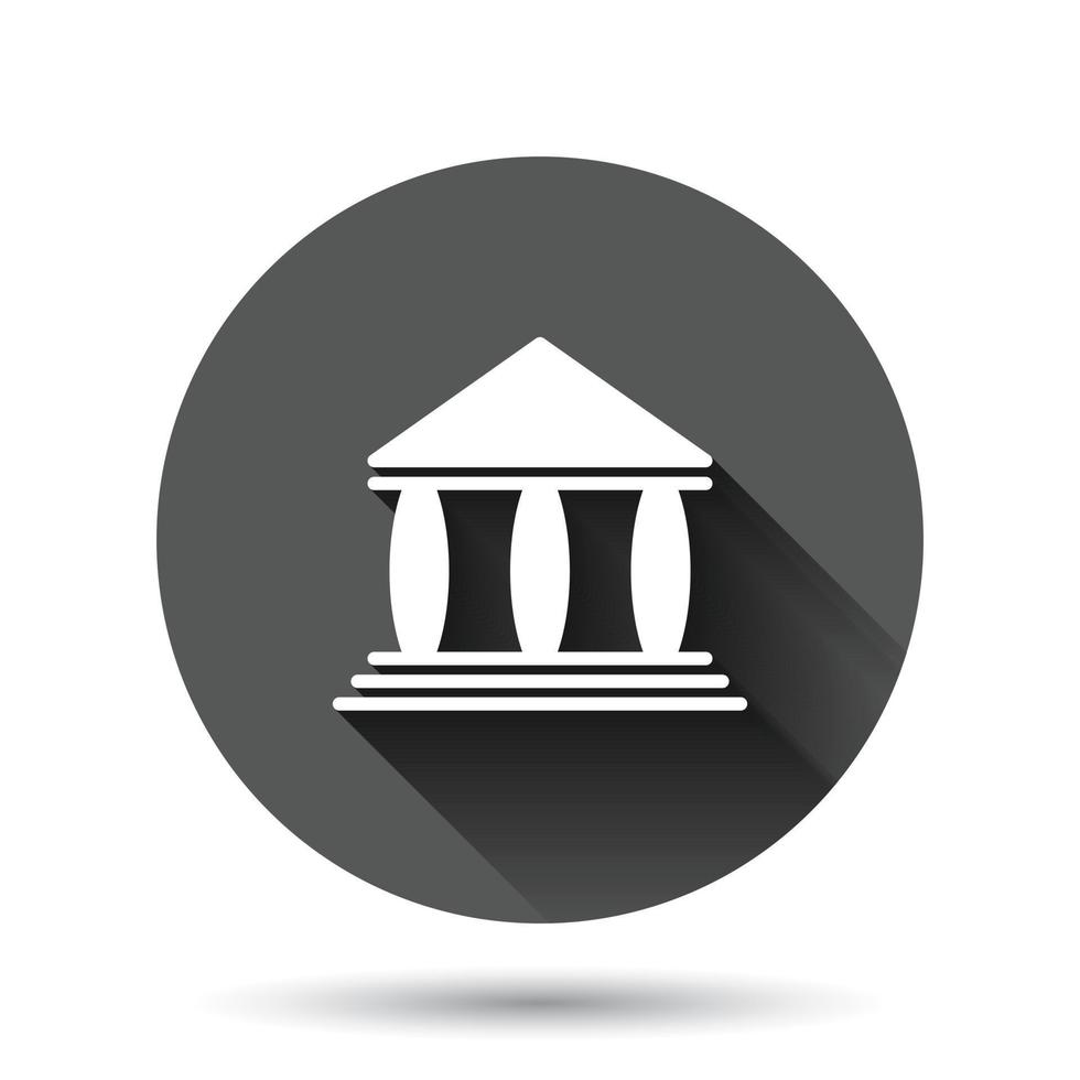 Bank building icon in flat style. Government architecture vector illustration on black round background with long shadow effect. Museum exterior circle button business concept.