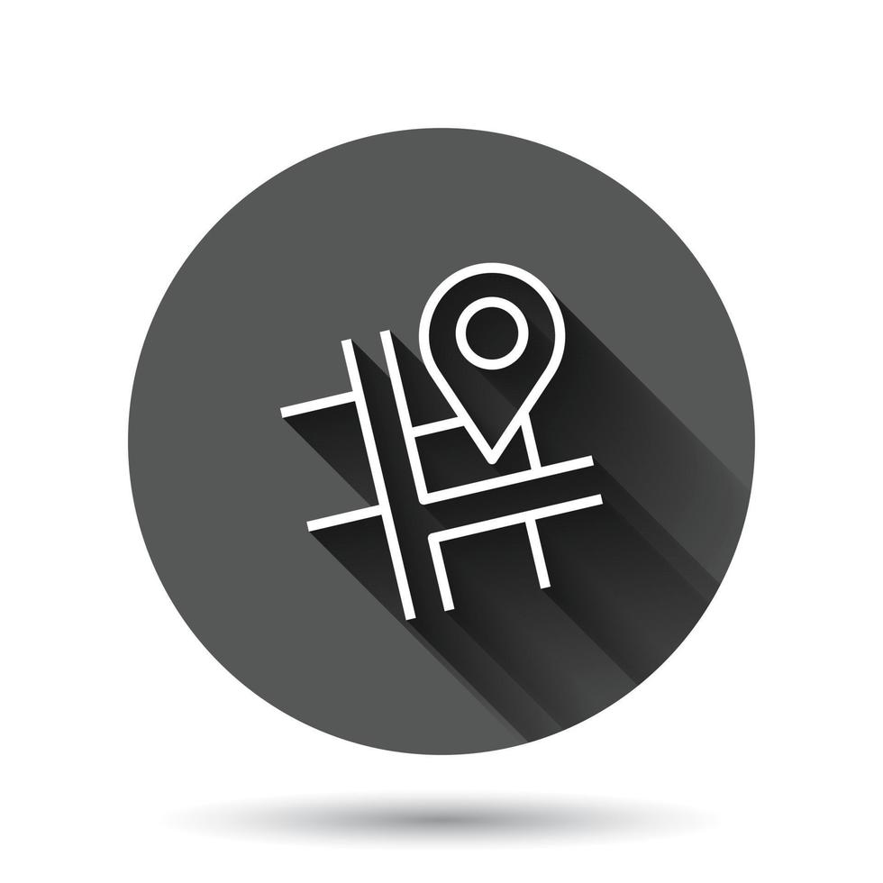 Map pin icon in flat style. gps navigation vector illustration on black round background with long shadow effect. Locate position circle button business concept.