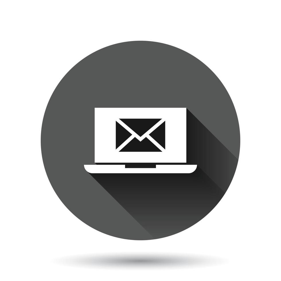 Laptop with email icon in flat style. Mail notification vector illustration on black round background with long shadow effect. Envelope with message circle button business concept.