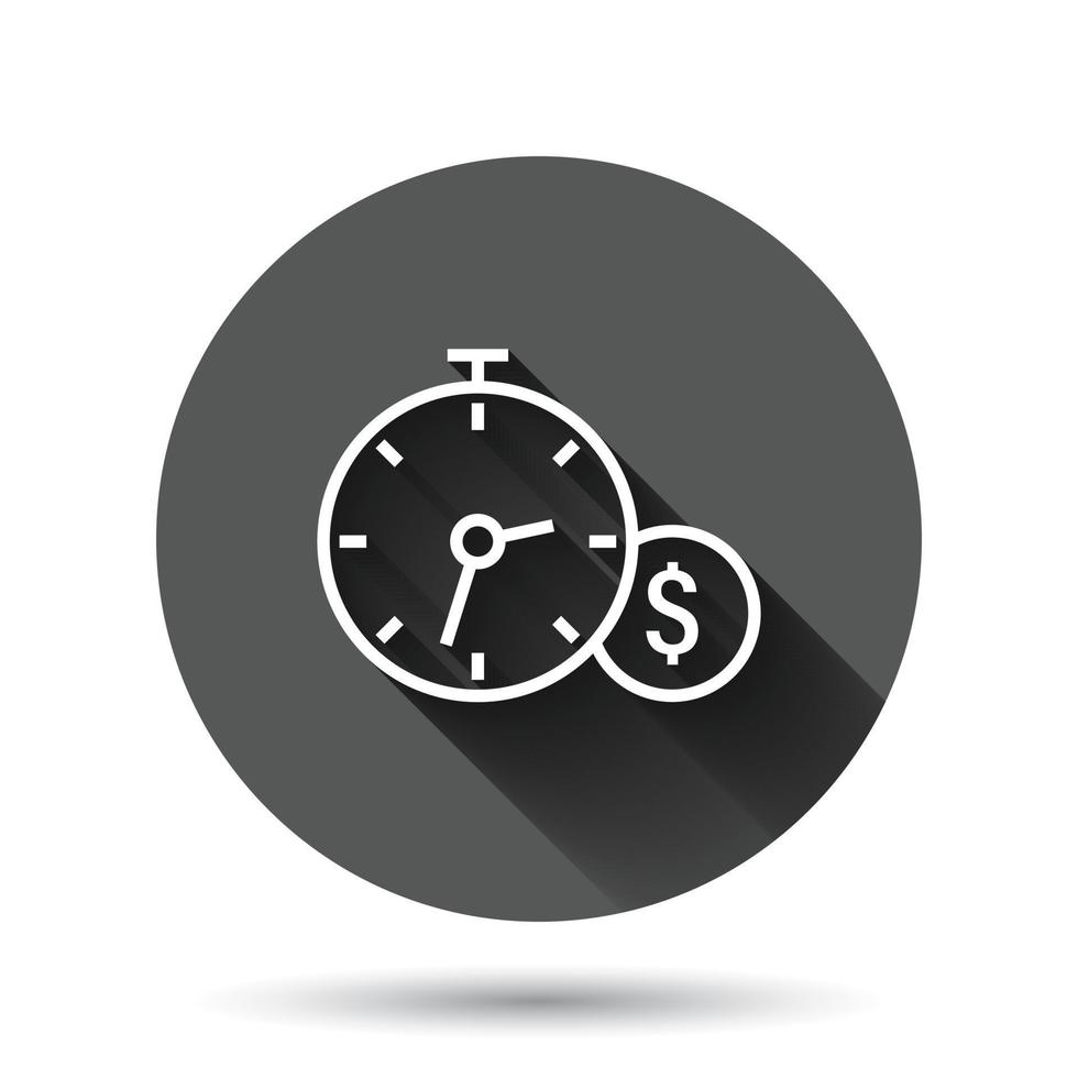 Time is money icon in flat style. Clock with dollar vector illustration on black round background with long shadow effect. Currency circle button business concept.