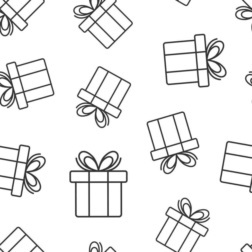 Gift box icon in flat style. Present package vector illustration on white isolated background. Surprise seamless pattern business concept.