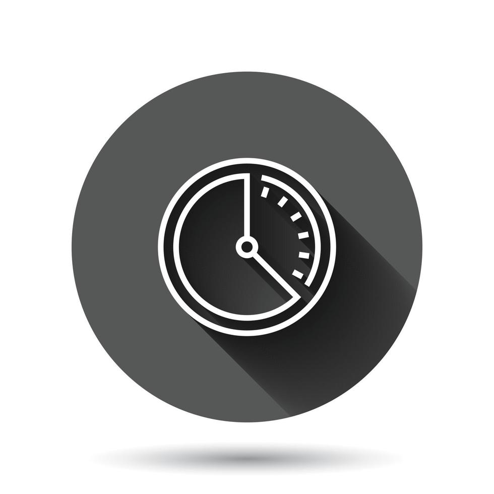 Clock icon in flat style. Watch vector illustration on black round background with long shadow effect. Timer circle button business concept.