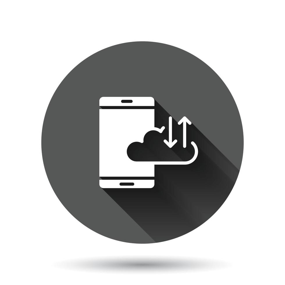 Smartphone with cloud icon in flat style. Phone network storage vector illustration on black round background with long shadow effect. Online backup circle button business concept.