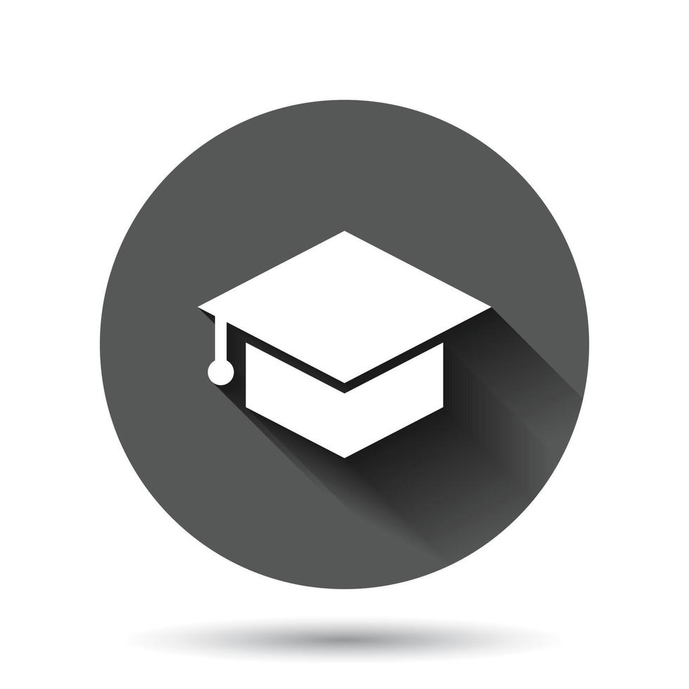 Graduation hat icon in flat style. Student cap vector illustration on black round background with long shadow effect. University circle button business concept.