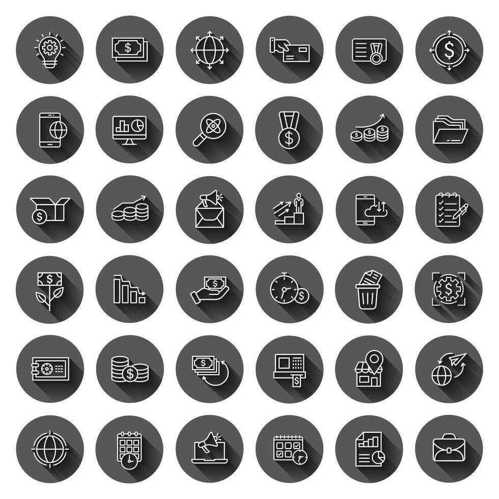 Business icon set in flat style. Make money vector illustration on black round background with long shadow effect. Media internet circle button business concept.