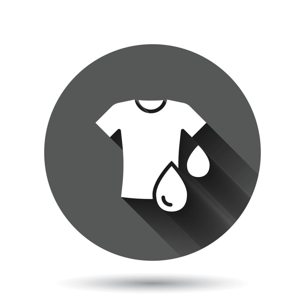 T-shirt washing icon in flat style. Clothes dry vector illustration on black round background with long shadow effect. Shirt laundry circle button business concept.