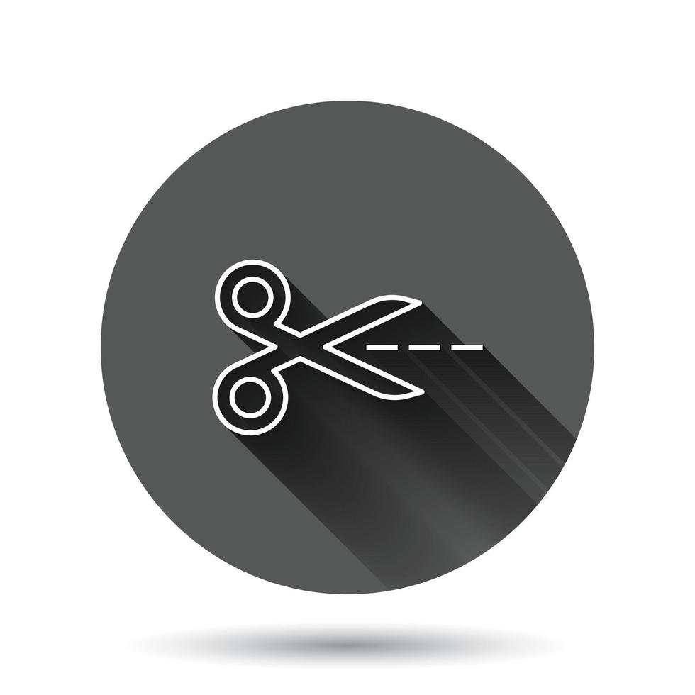 Scissor icon in flat style. Cut equipment vector illustration on black round background with long shadow effect. Cutter circle button business concept.