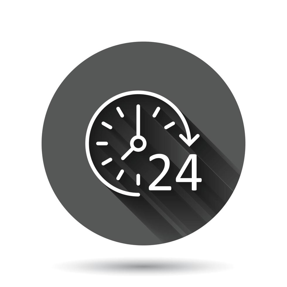 Clock icon in flat style. Watch vector illustration on black round background with long shadow effect. Timer circle button business concept.