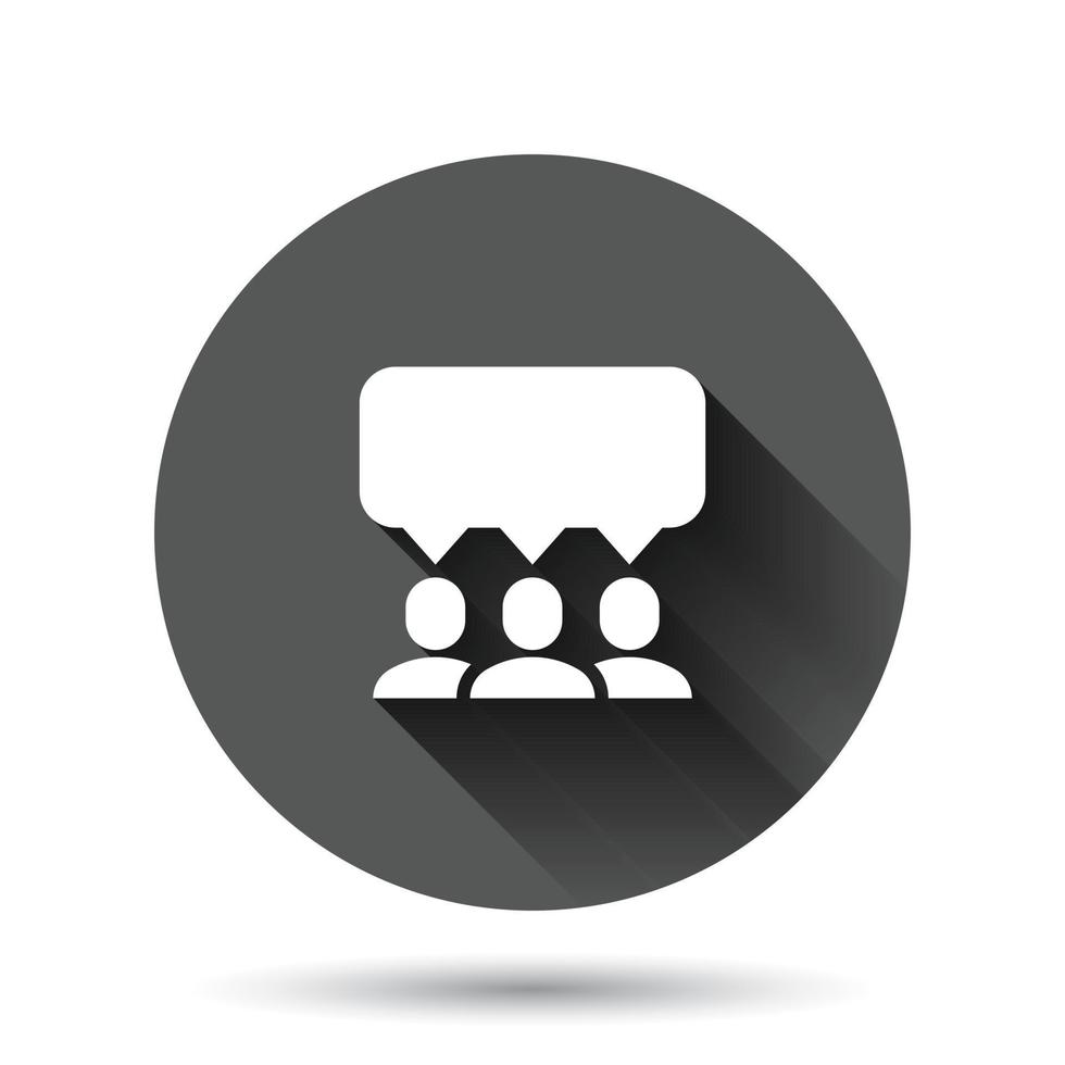 People with speech bubble icon in flat style. Chat vector illustration on black round background with long shadow effect. Speaker dialog circle button business concept.