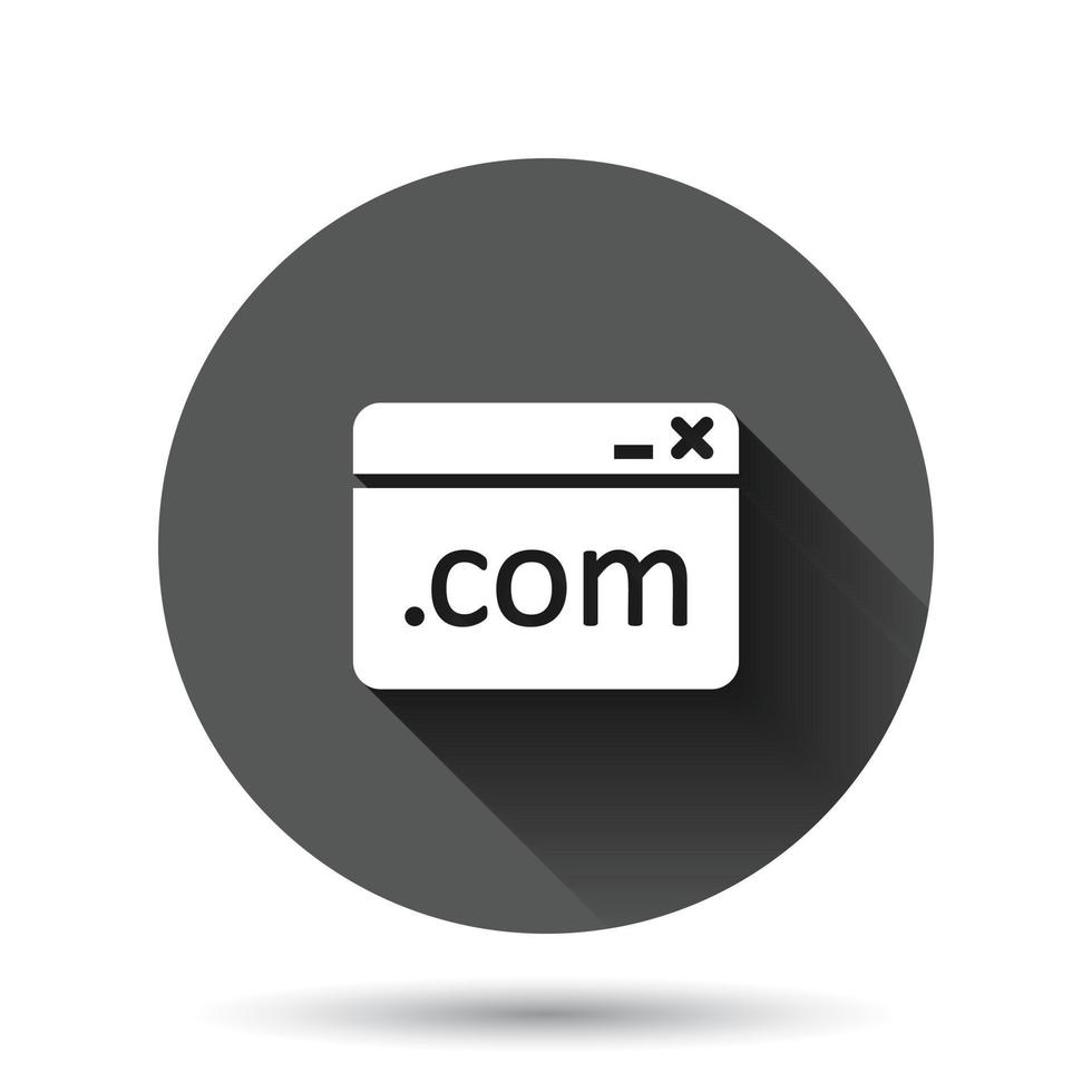 Website domain icon in flat style. Com internet address vector illustration on black round background with long shadow effect. Server circle button business concept.