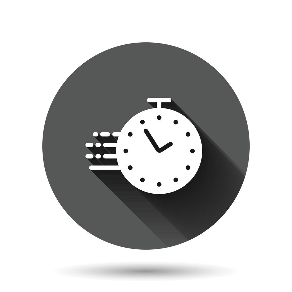 Clock icon in flat style. Watch vector illustration on black round background with long shadow effect. Timer circle button business concept.