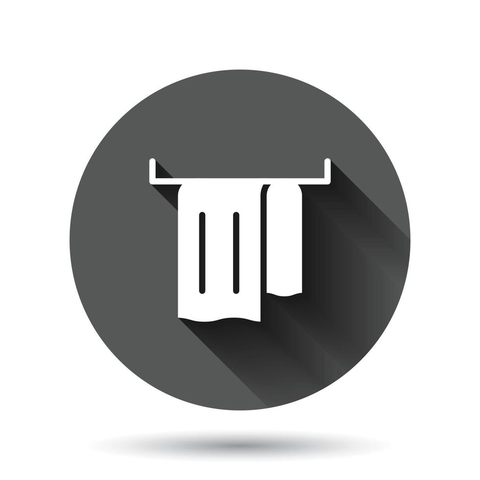 Bathroom towel icon in flat style. Washcloth vector illustration on black round background with long shadow effect. Hygiene wiping circle button business concept.