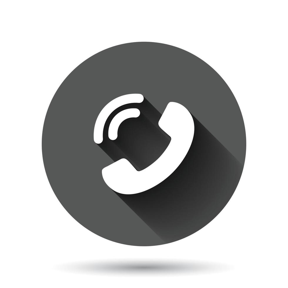 Mobile phone icon in flat style. Telephone talk vector illustration on black round background with long shadow effect. Hotline contact circle button business concept.