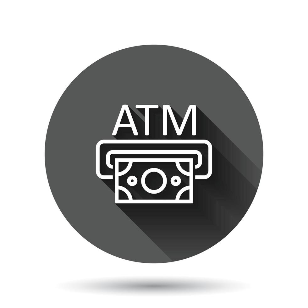 Money ATM icon in flat style. Exchange cash vector illustration on black round background with long shadow effect. Banknote bill circle button business concept.