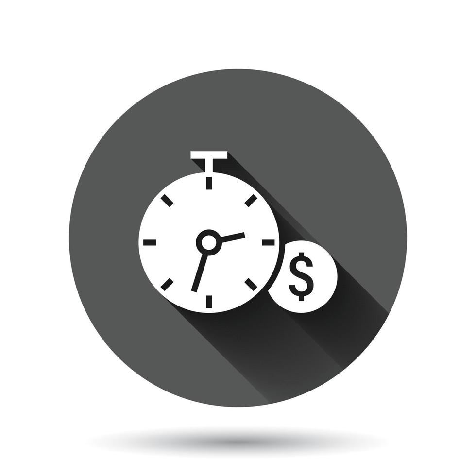 Time is money icon in flat style. Clock with dollar vector illustration on black round background with long shadow effect. Currency circle button business concept.