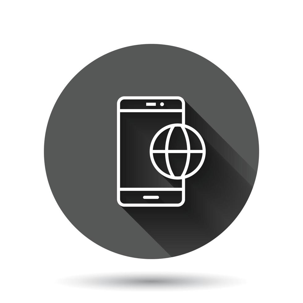 Globe smartphone icon in flat style. Mobile phone location vector illustration on black round background with long shadow effect. Destination circle button business concept.