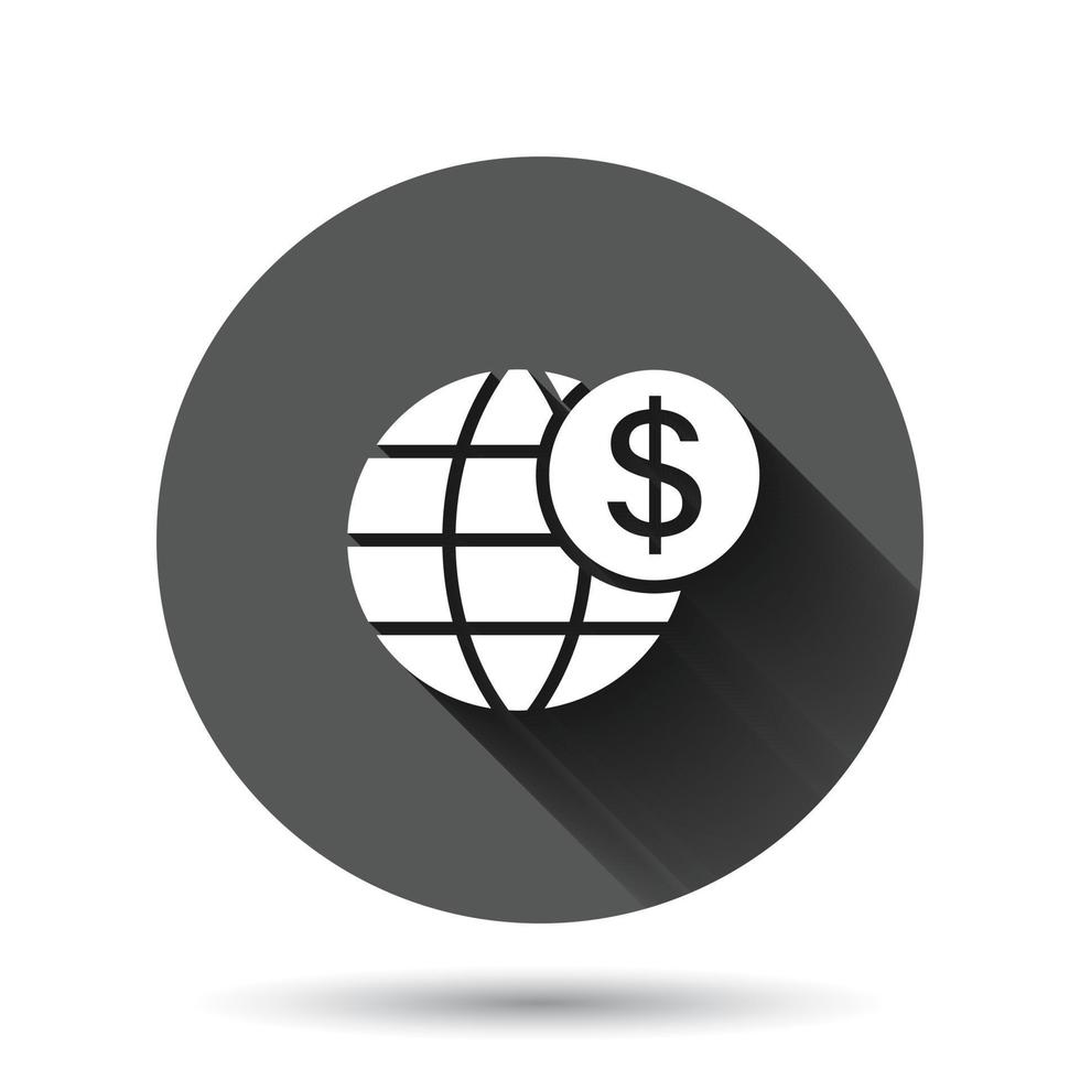 Global business icon in flat style. Money transaction vector illustration on black round background with long shadow effect. Banknote bill security circle button business concept.