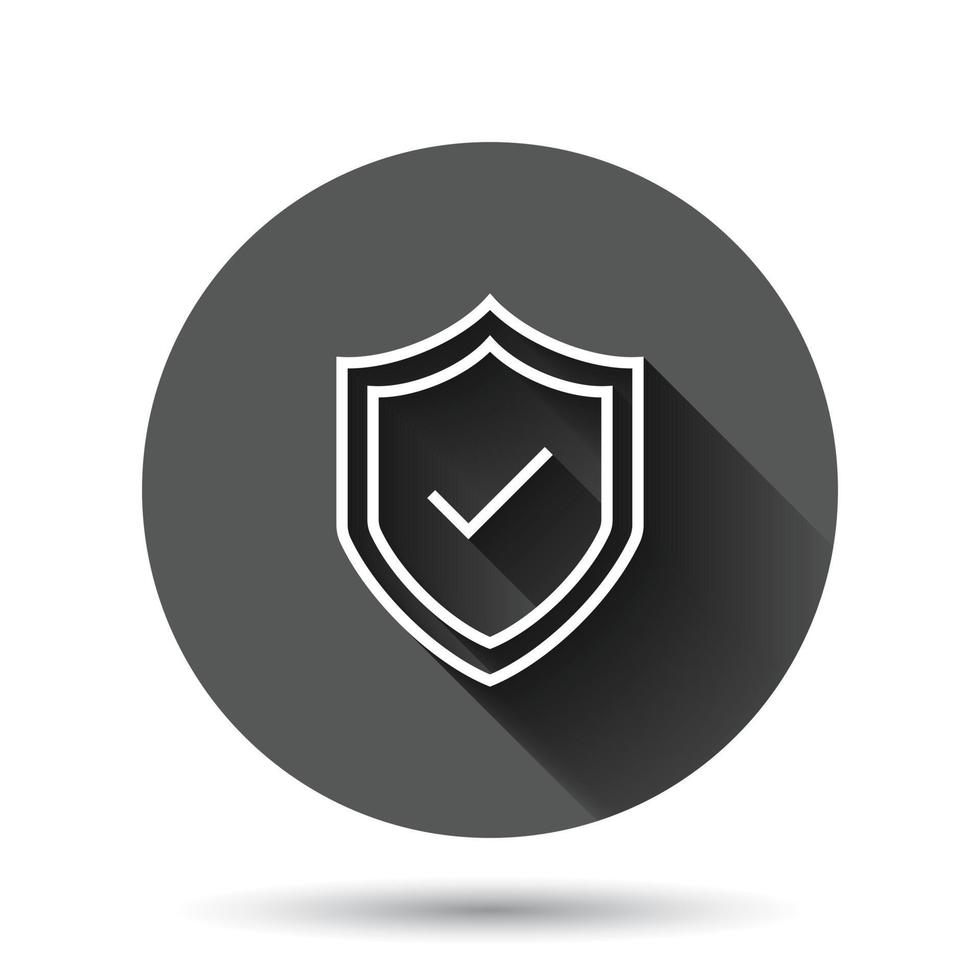 Shield with check mark icon in flat style. Protect vector illustration on black round background with long shadow effect. Checkmark guard circle button business concept.