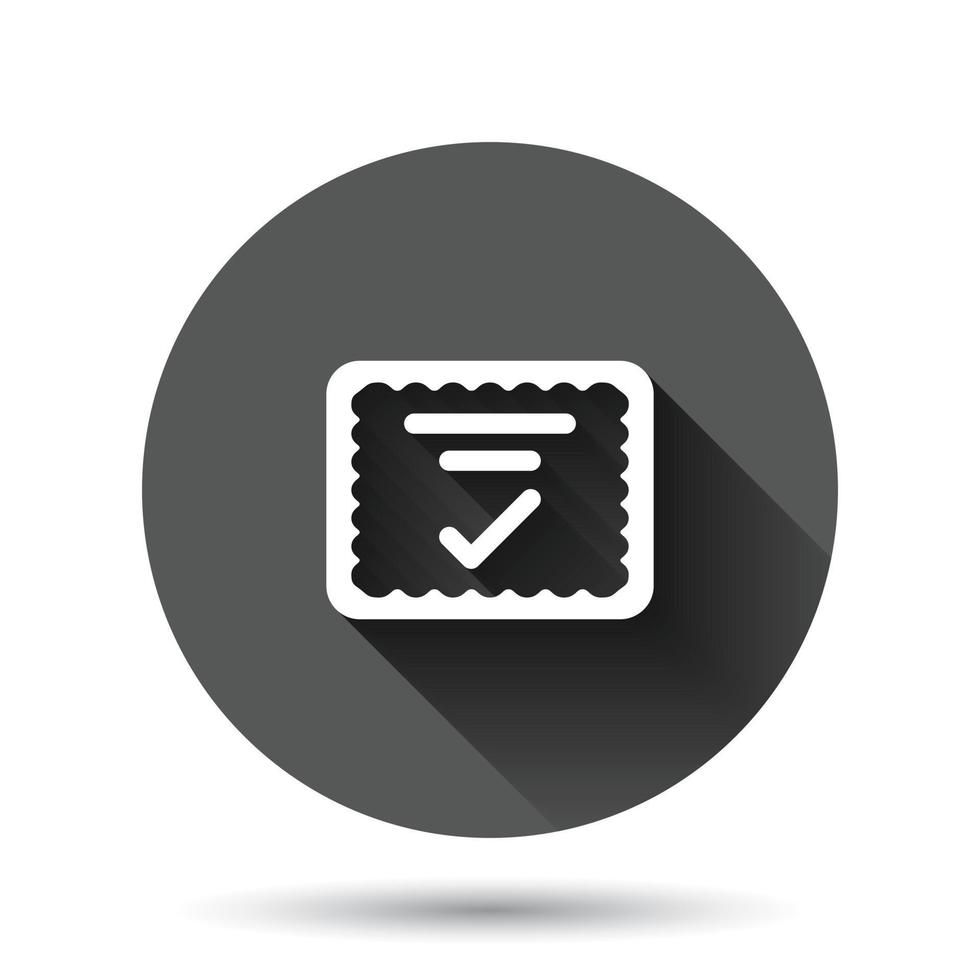 Approve certificate icon in flat style. Document check mark vector illustration on black round background with long shadow effect. Approval choice circle button business concept.