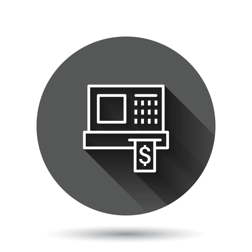 Cash register icon in flat style. Check machine vector illustration on black round background with long shadow effect. Payment circle button business concept.