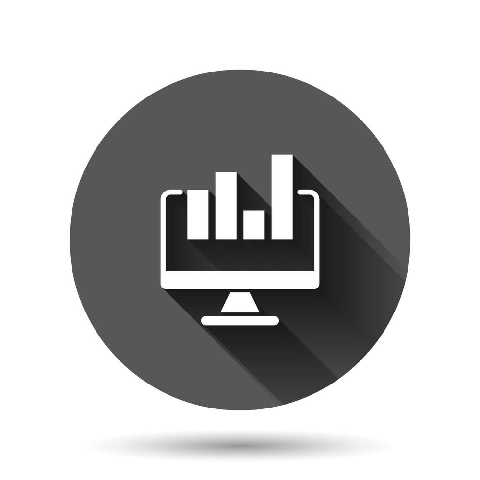 Website analytics icon in flat style. SEO data vector illustration on black round background with long shadow effect. Computer diagram circle button business concept.