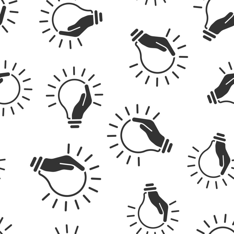 Lightbulb in hand icon in flat style. Bulb vector illustration on white isolated background. Lamp seamless pattern business concept.