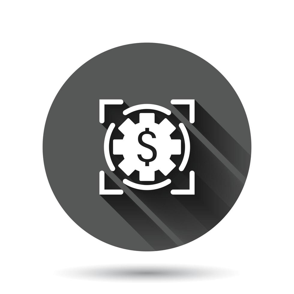 Money revenue icon in flat style. Dollar coin vector illustration on black round background with long shadow effect. Finance structure circle button business concept.