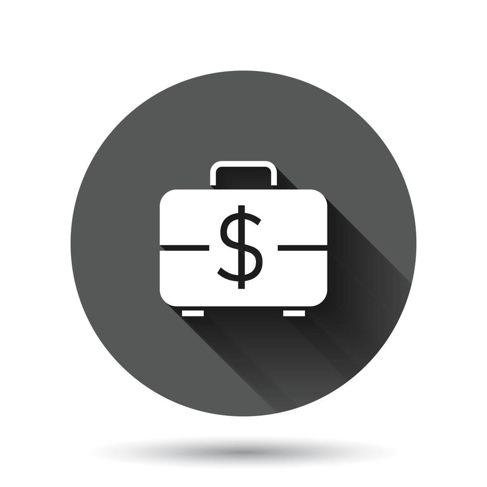 Money briefcase icon in flat style. Cash box vector illustration on black round background with long shadow effect. Finance circle button business concept.