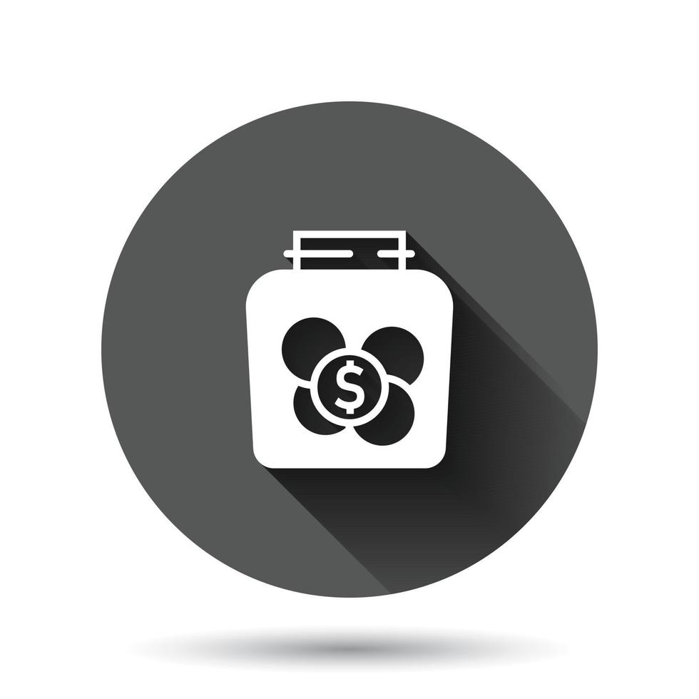 Money box icon in flat style. Coin jar container vector illustration on black round background with long shadow effect. Donation moneybox  circle button business concept.