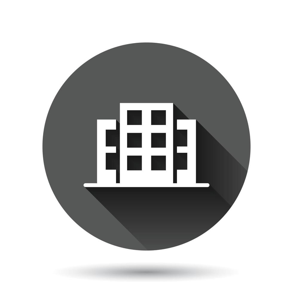 Building icon in flat style. Town skyscraper apartment vector illustration on black round background with long shadow effect. City tower circle button business concept.