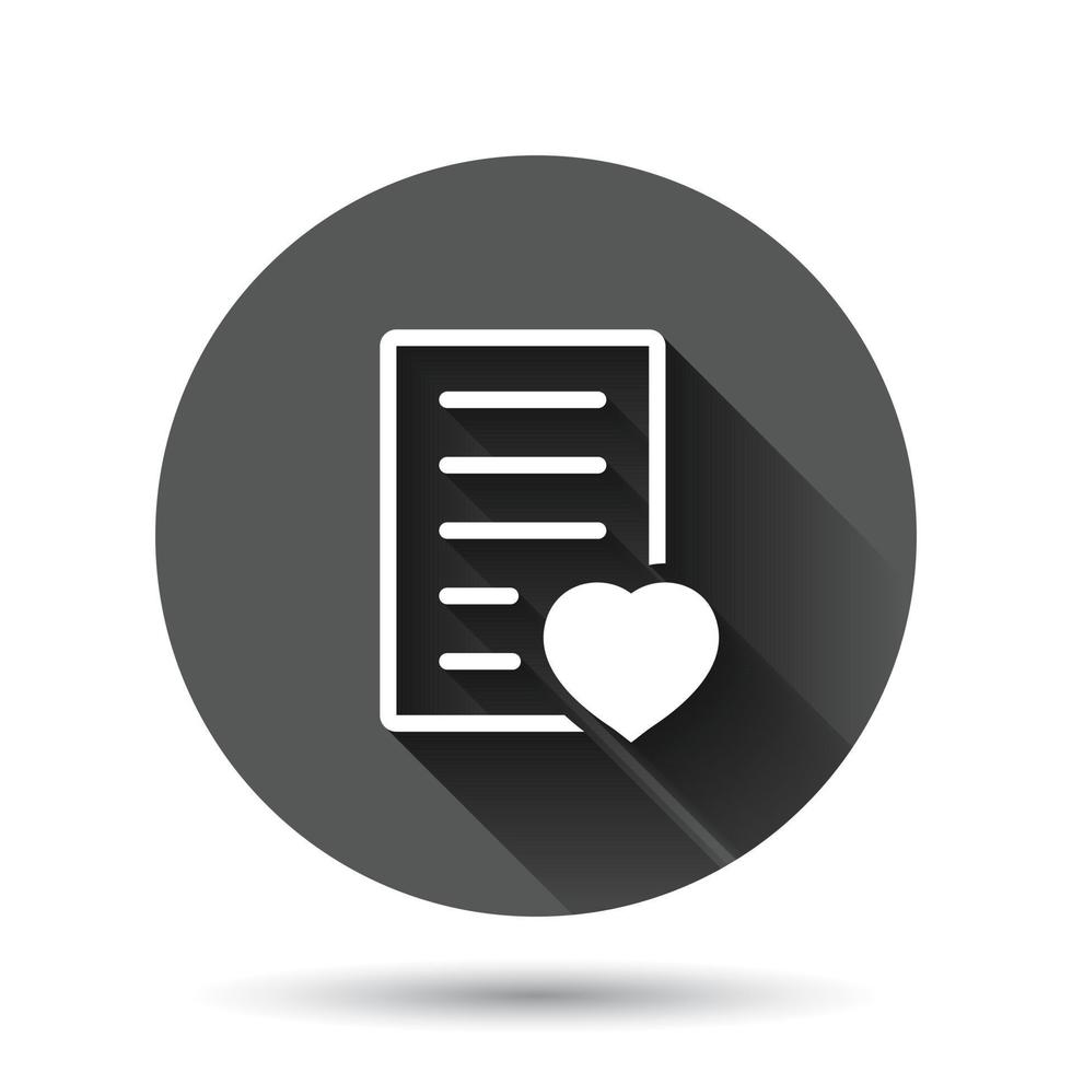 Wishlist icon in flat style. Like document vector illustration on black round background with long shadow effect. Favorite list circle button business concept.
