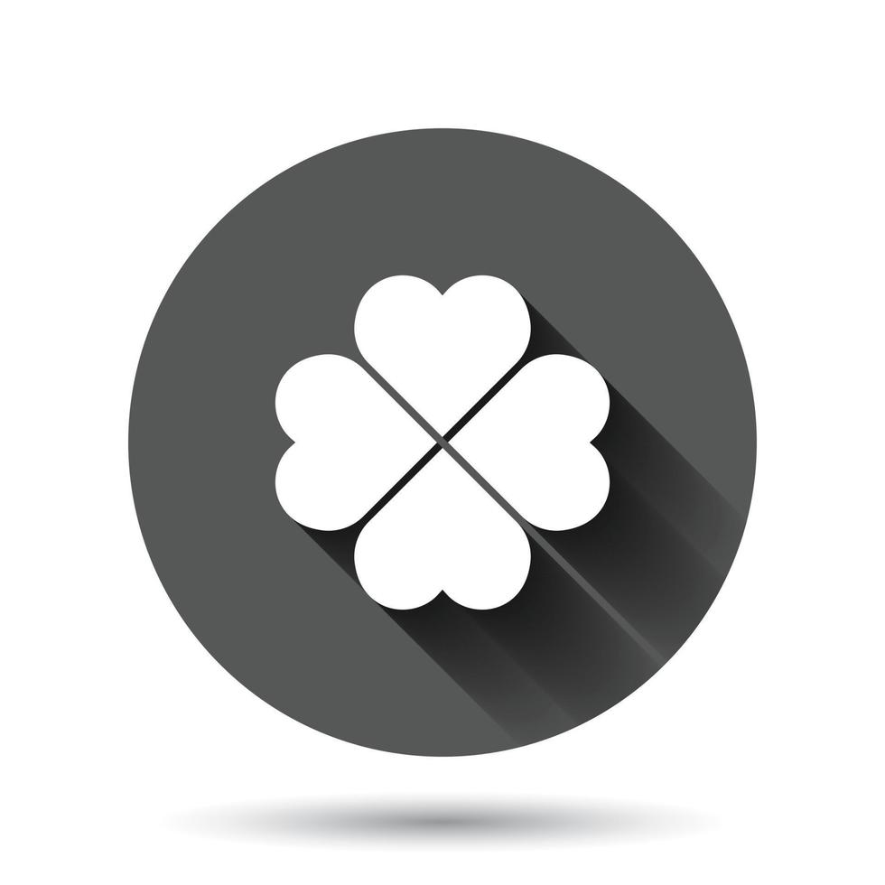 Four leaf clover icon in flat style. St Patricks Day vector illustration on black round background with long shadow effect. Flower shape circle button business concept.