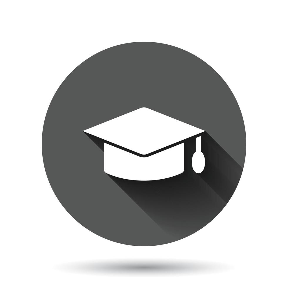 Graduation hat icon in flat style. Student cap vector illustration on black round background with long shadow effect. University circle button business concept.